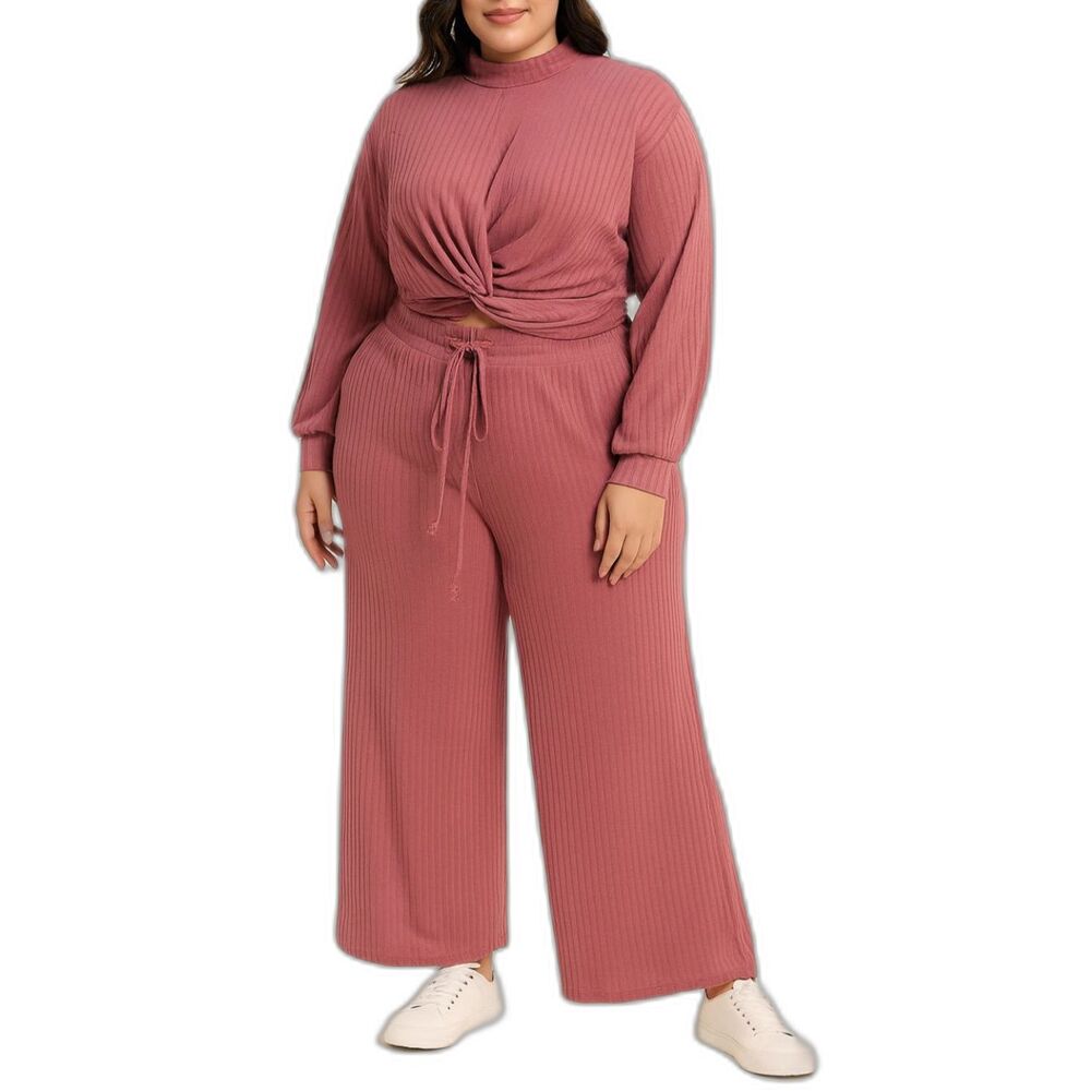 SHEIN Curve Women’s Ribbed Twist Front Top & Wide Leg Pants Set | Size 4XL
